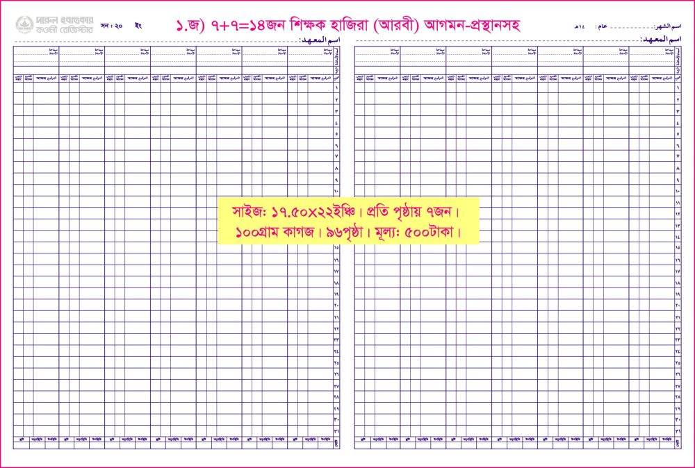 ১. জ)১৪জন-শিক্ষক হাজিরা(আরবী)আগমন/প্রস্থান