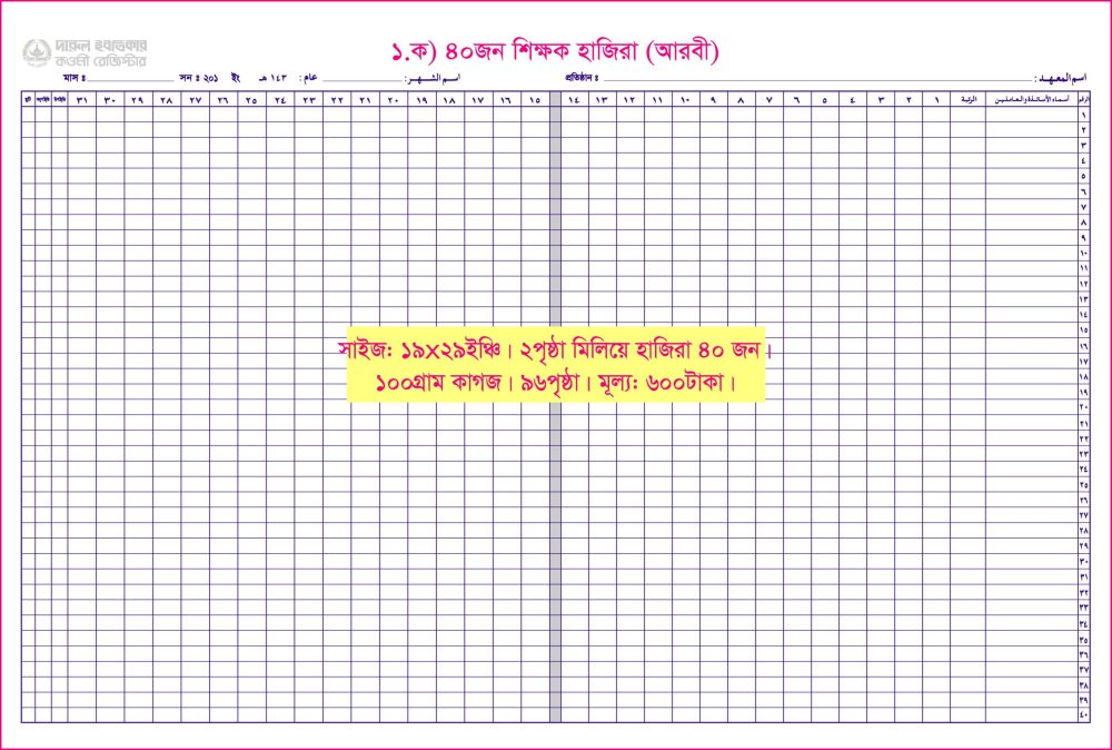 ১. ক)শিক্ষক হাজিরা: ৪০জন (আরবী)