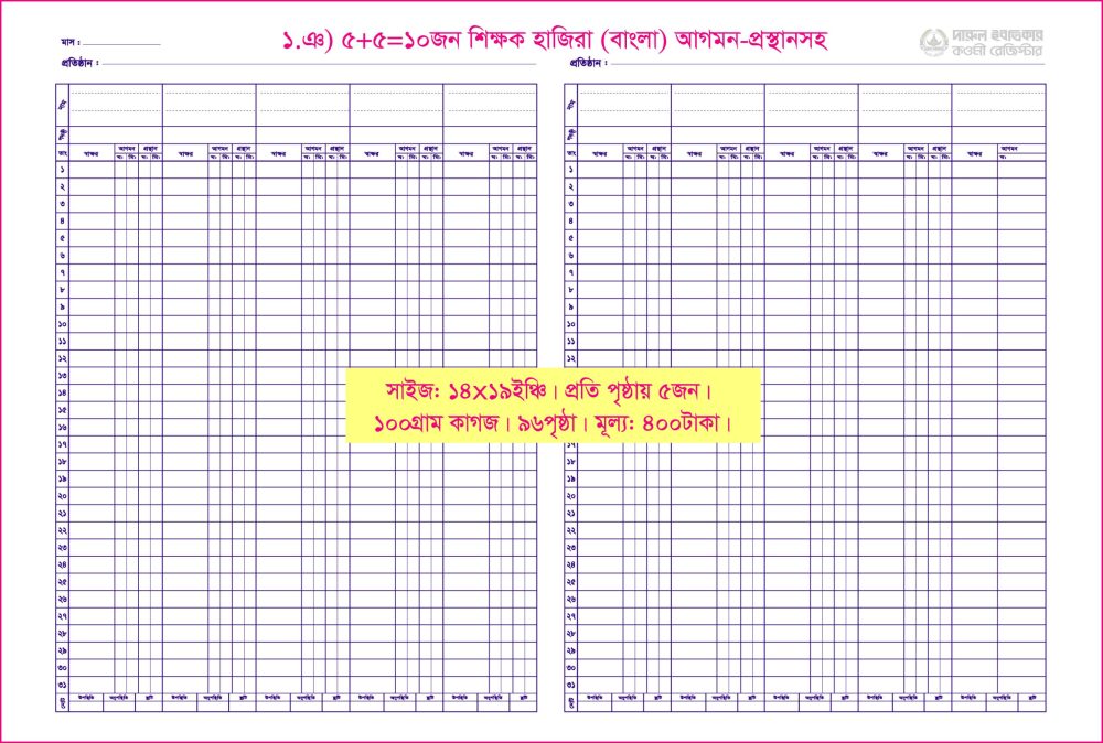 ১. ঞ)১০জন-শিক্ষক হাজিরা(বাংলা)আগমন/প্রস্থান