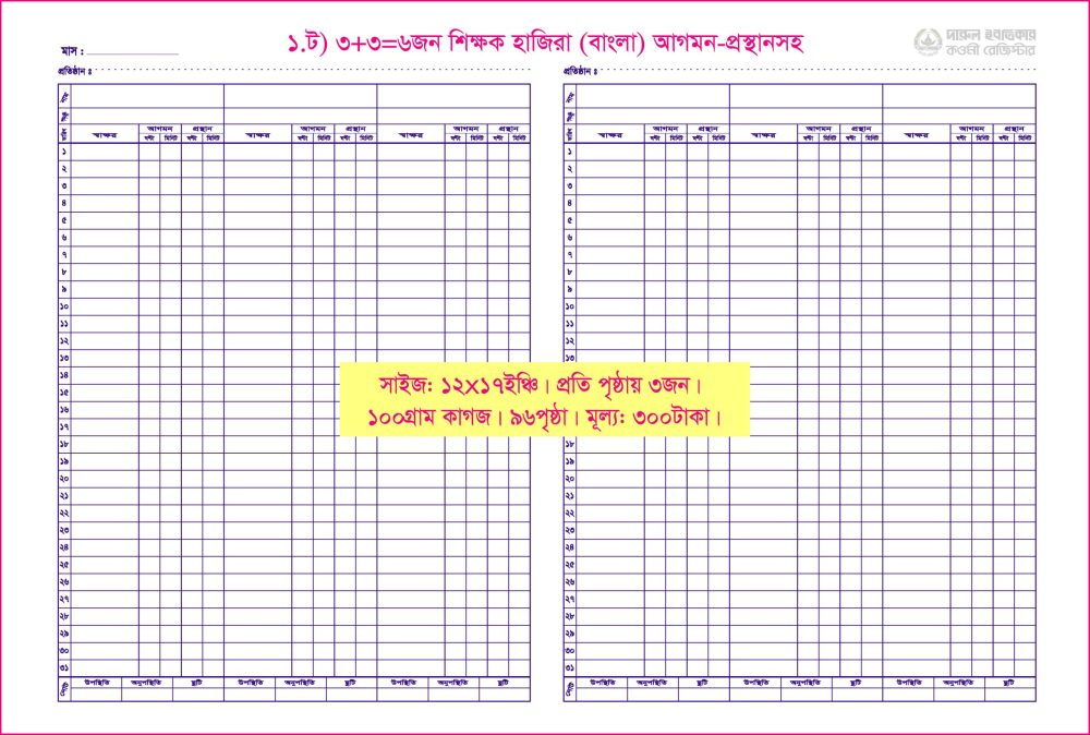 ১. ট)শিক্ষক হাজিরা-৬জন-আগমন/প্রস্থান