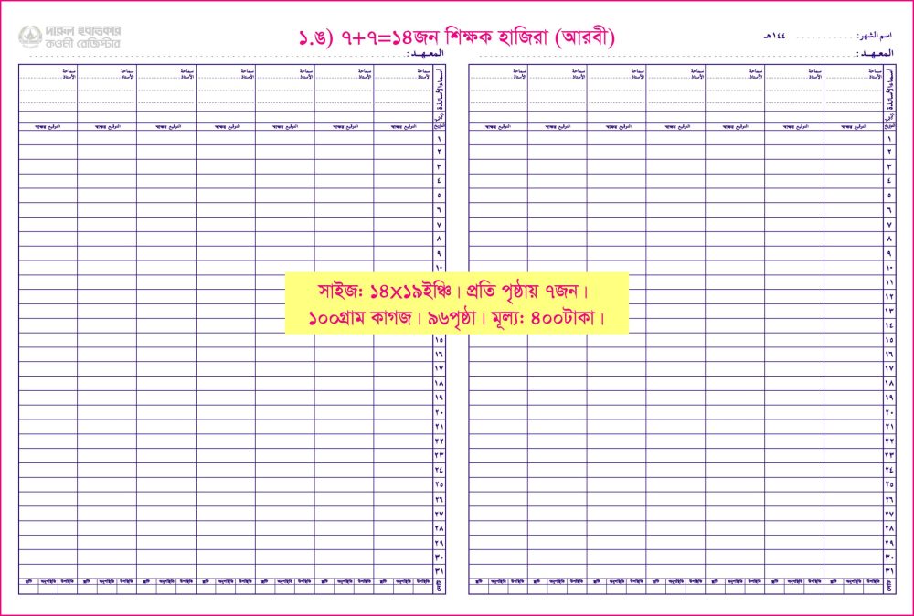 ১.ঙ)শিক্ষক হাজিরা: ৭+৭=১৪জন (আরবী)