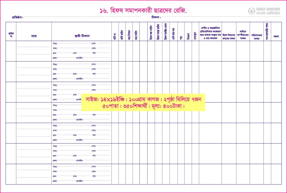 ১৬. হিফয সমাপনকারী শিক্ষার্থীদের রেজিস্টার