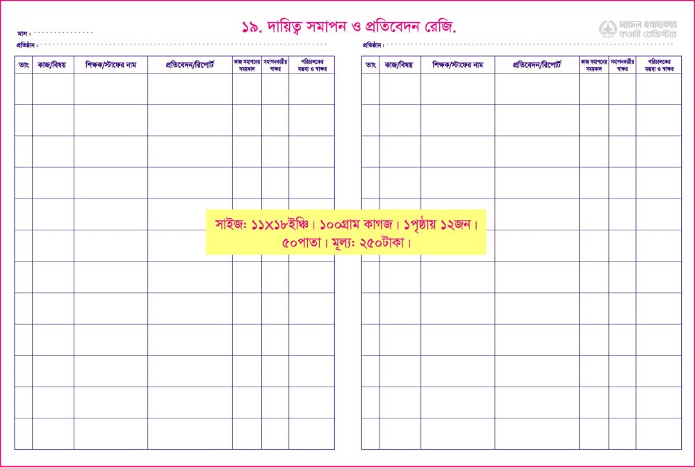 ১৯. দায়িত্ব সমাপন রেজিস্টার