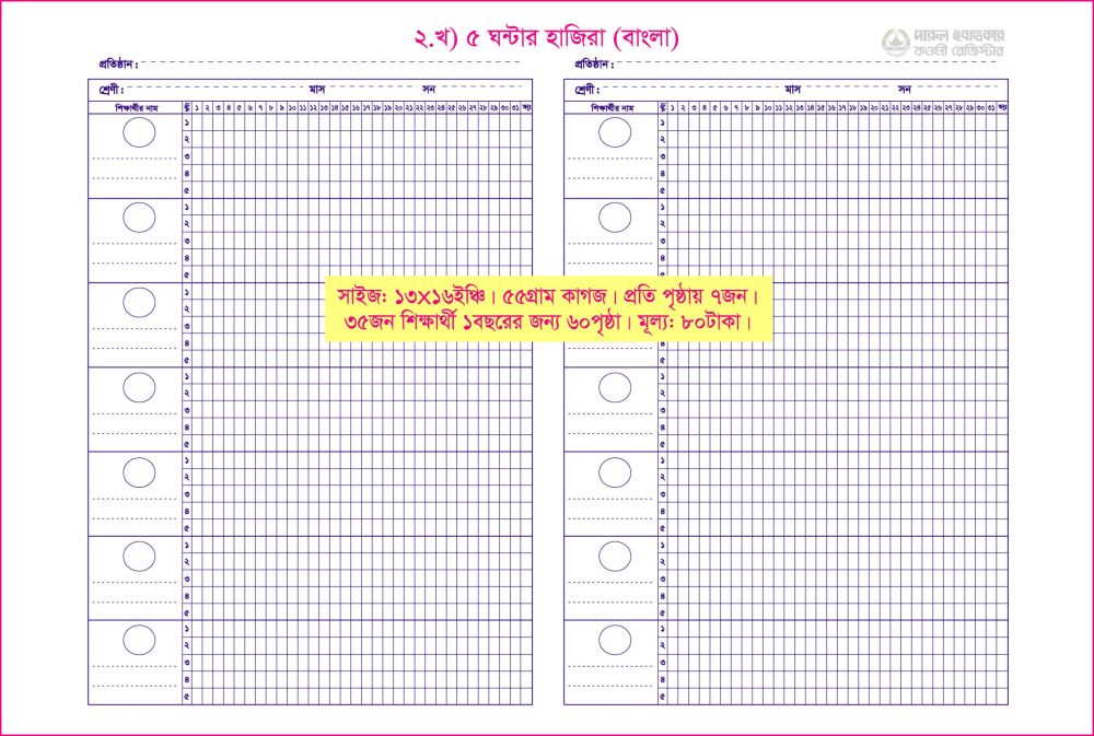 ২. খ) ৫ঘন্টার হাজিরা (বাংলা)