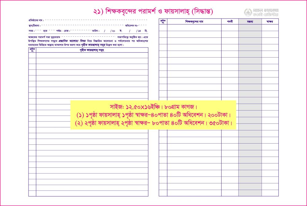 ২১. শিক্ষকবৃন্দের পরামর্শ ও ফায়ছালাহ্