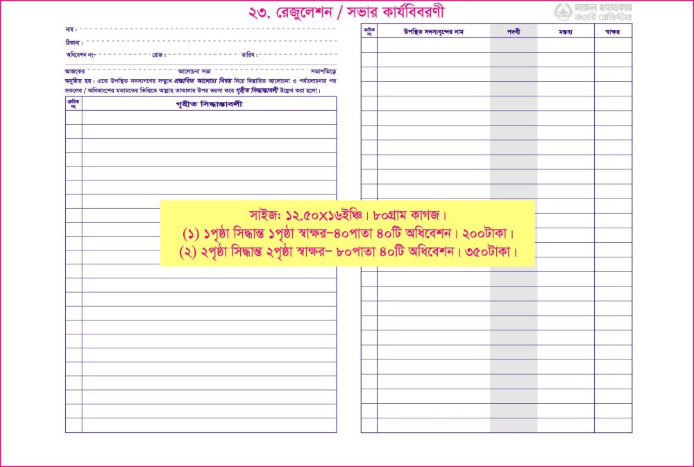 ২৩. রেজুলেশন বুক (সিদ্ধান্ত ১পৃষ্ঠা)