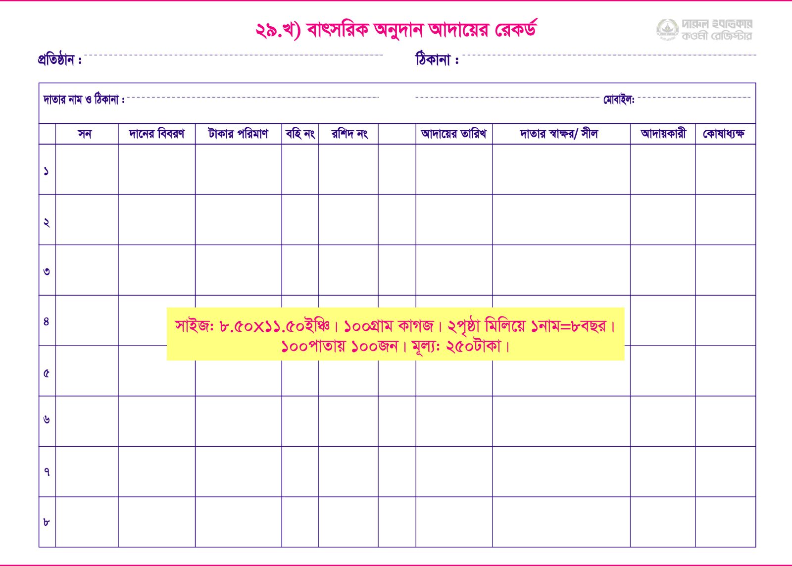 ২৯. খ) বাৎসরিক অনুদান রেকর্ড