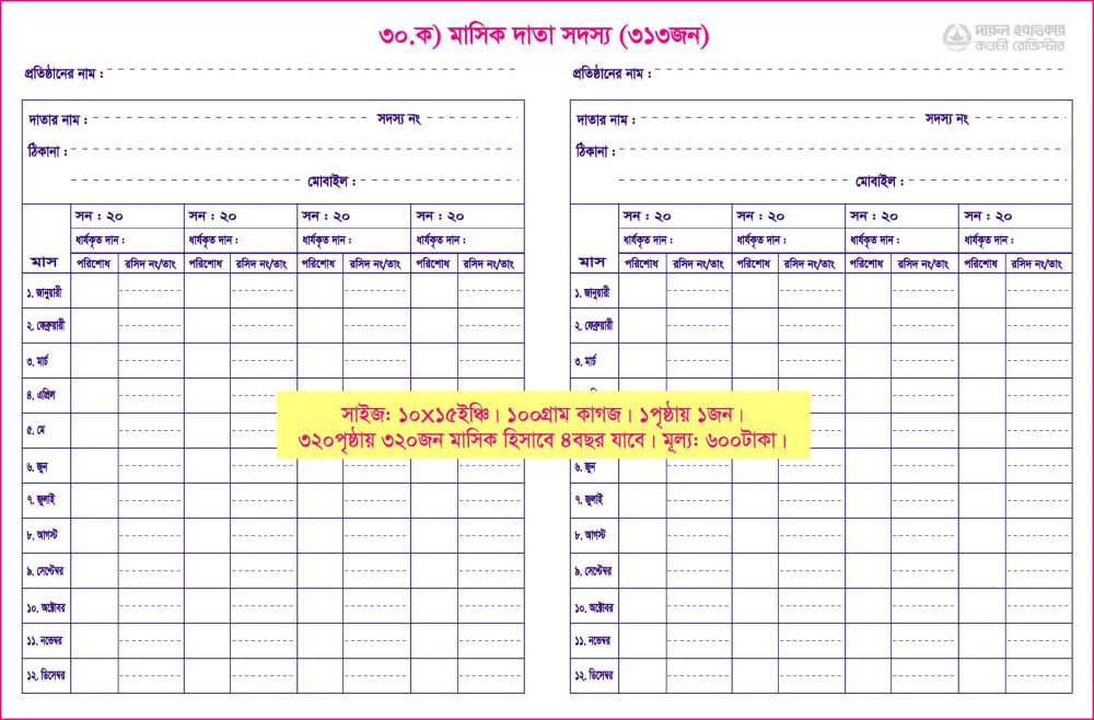 ৩০. ক) মাসিক দাতা ৩১৩জন