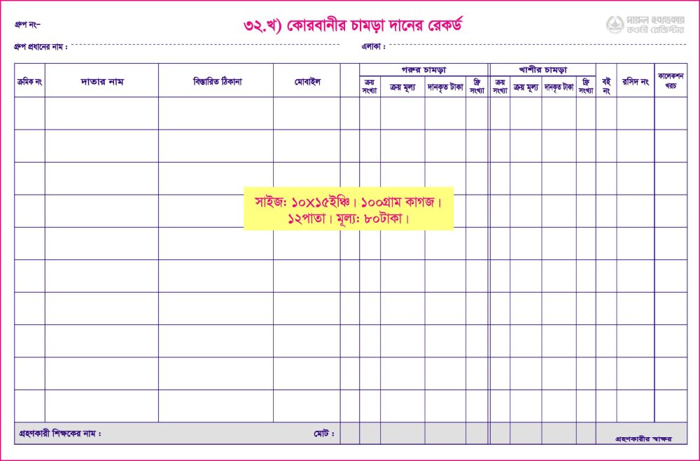 ৩২. খ) কোরবানীর চামড়া ও দানকৃত টাকার রেকর্ড