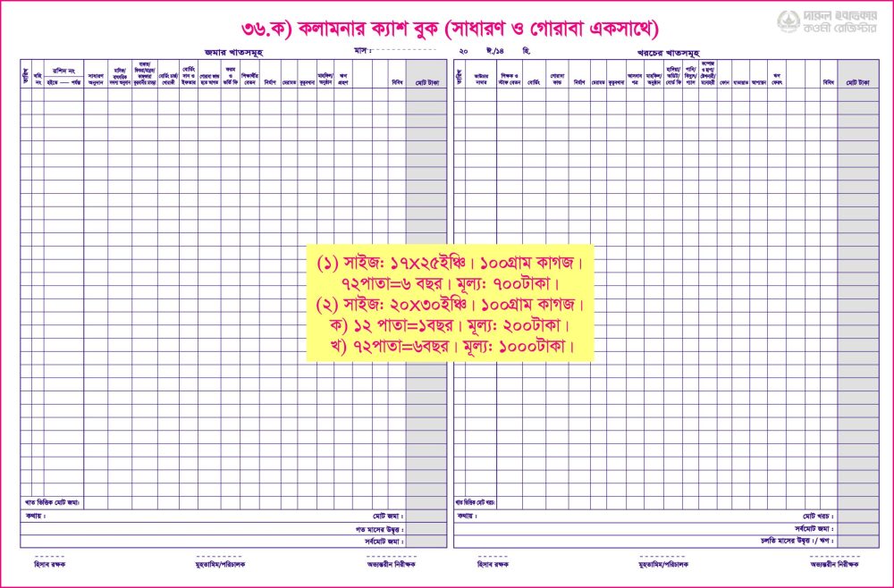 ৩৬. ক) কলামনার ক্যাশ বুক (১বছর)
