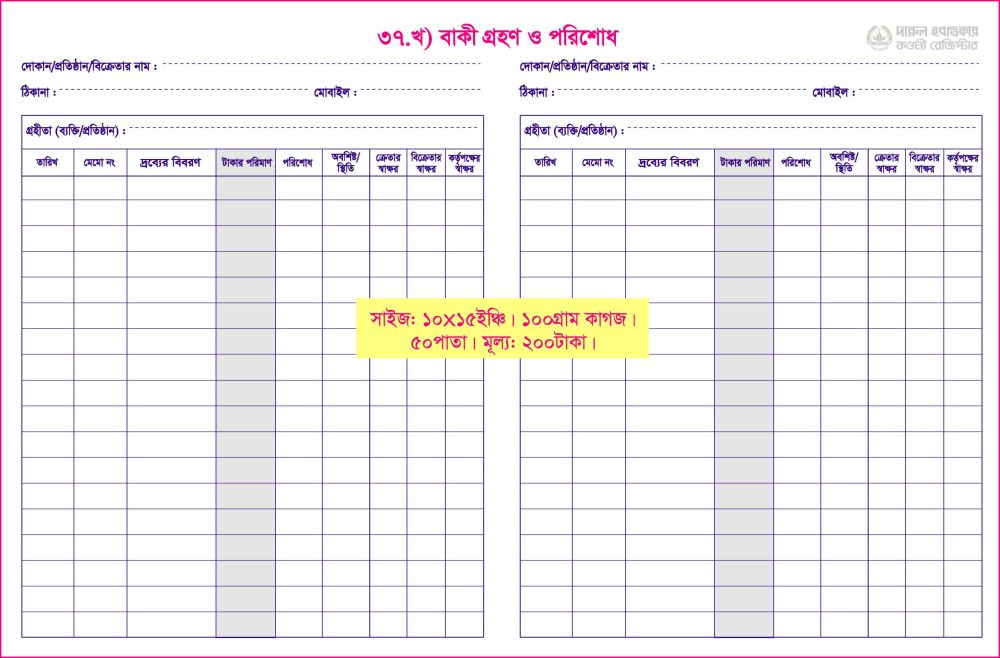 ৩৭. খ) বাকী গ্রহণ ও পরিশোধ
