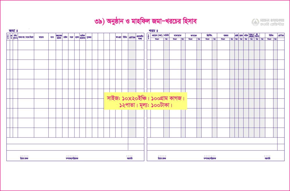 ৩৯. অনুষ্ঠান ও মাহফিল জমা-খরচ