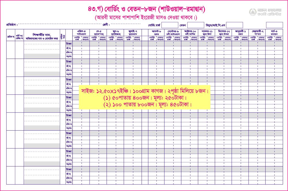 ৪৩. ঙ) বোর্ডিং+বেতন (১পৃ-৮জন) শাউ