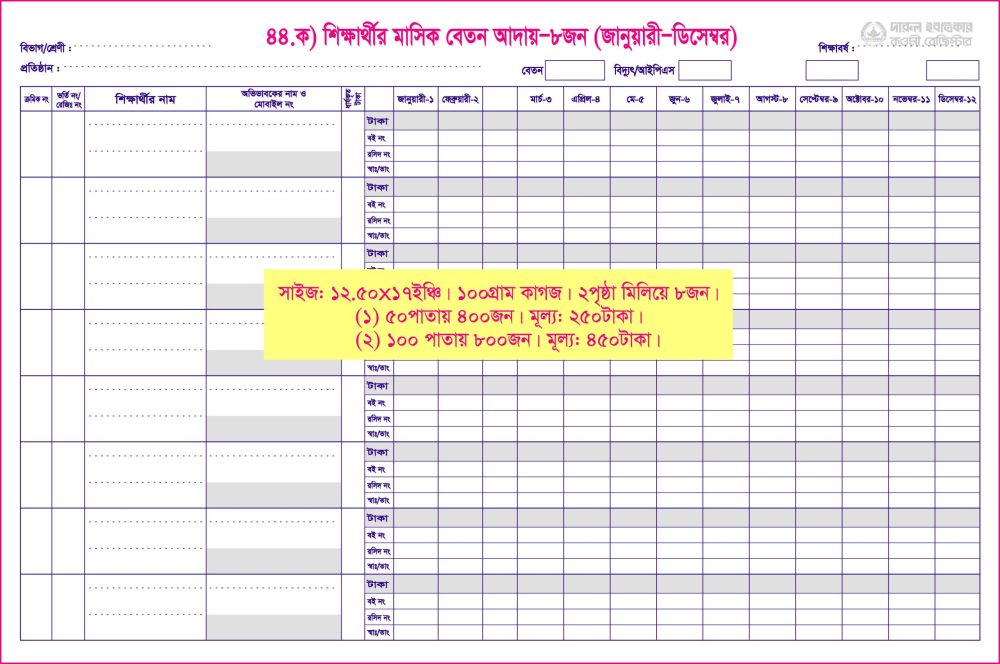 ৪৪. ক)শিক্ষার্থীর বেতন (১পৃ-৮জ) জানু-১০০পাতা
