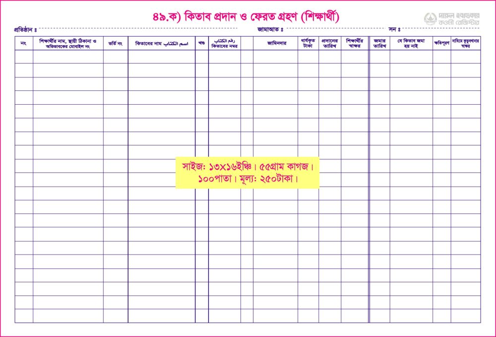 ৪৯. কিতাব প্রদান ও ফেরত (শিক্ষার্থী)