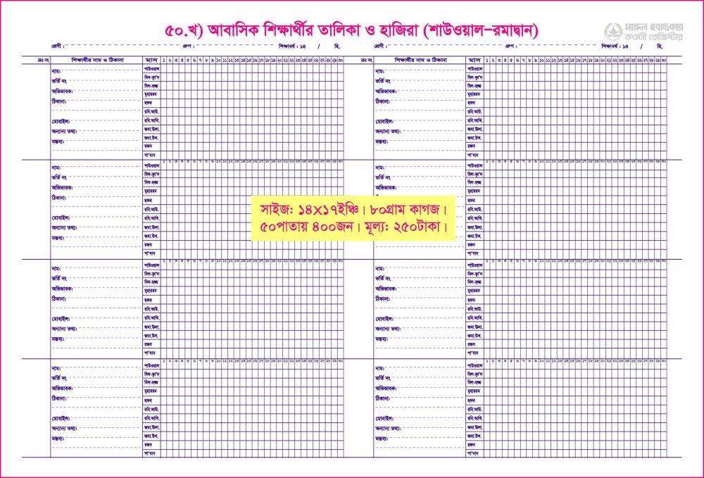৫০. আবাসিক শিক্ষার্থীর তালিকা ও হা.(শাউ)