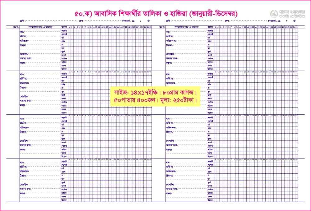 ৫০. আবাসিক শিক্ষার্থীর তালিকা ও হা.(জানু)