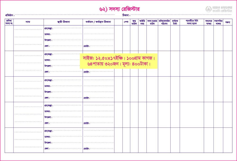 ৬২. সদস্য রেজিস্টার