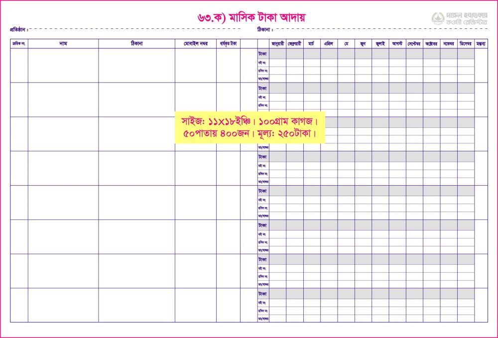 ৬৩. ক) মাসিক টাকা আদায়